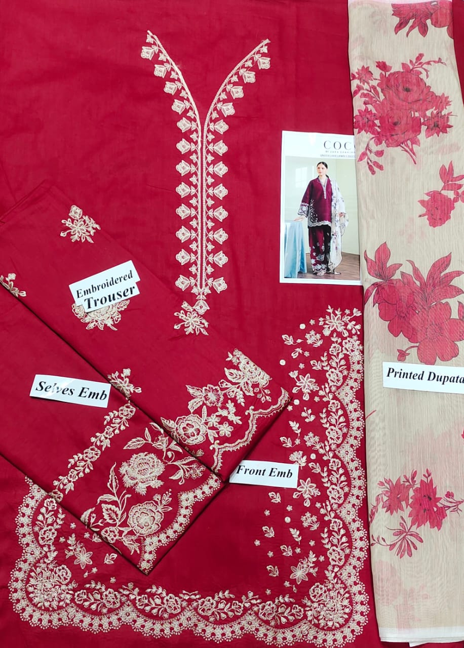 BAREEZE LAWN EMBROIDERY 3PC SUIT | RADISH MAHROON