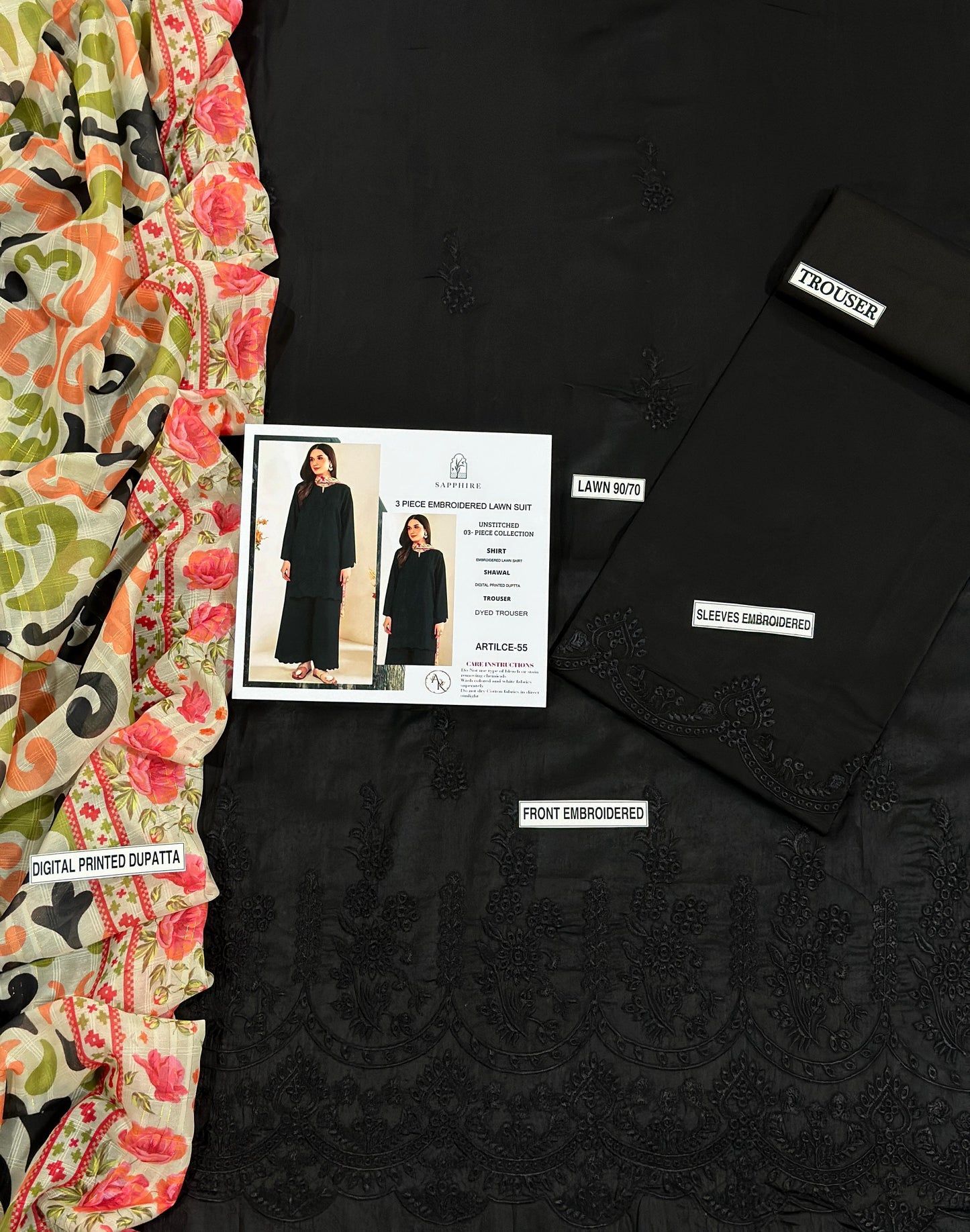 Embroidered 3PC CHIKANKARI Lawn Dress With Printed Munar Dupatta. |BLACK