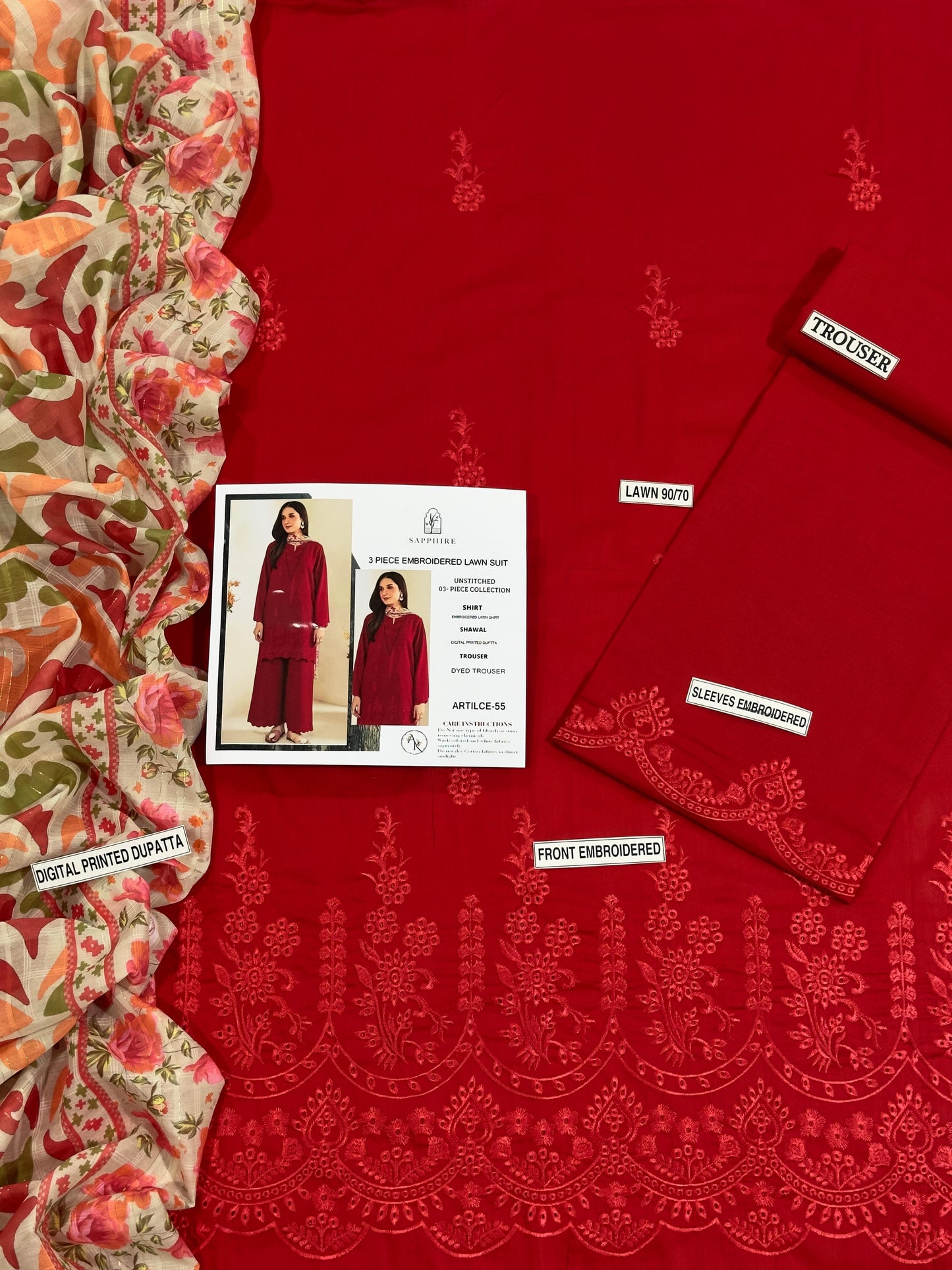 Embroidered 3PC CHIKANKARI Lawn Dress With Printed Munar Dupatta. |ORANGE