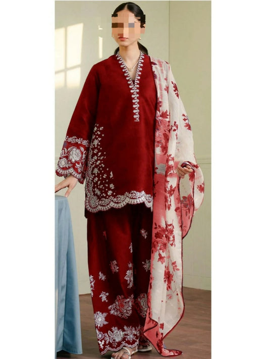 BAREEZE LAWN EMBROIDERY 3PC SUIT | RADISH MAHROON