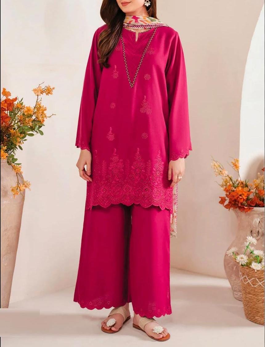 Embroidered 3PC CHIKANKARI Lawn Dress With Printed Munar Dupatta. PINK