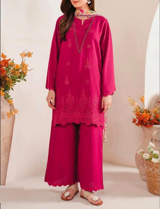 Embroidered 3PC CHIKANKARI Lawn Dress With Printed Munar Dupatta. PINK