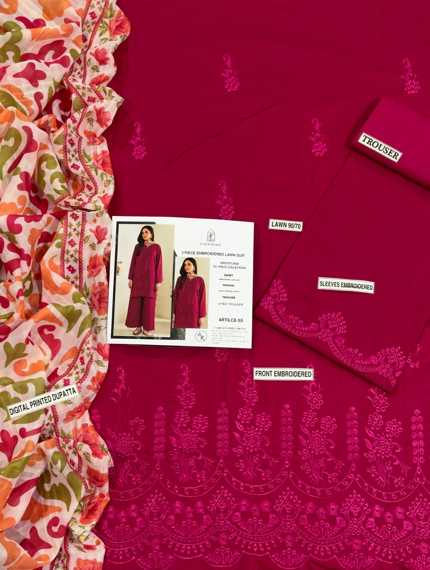 Embroidered 3PC CHIKANKARI Lawn Dress With Printed Munar Dupatta. PINK