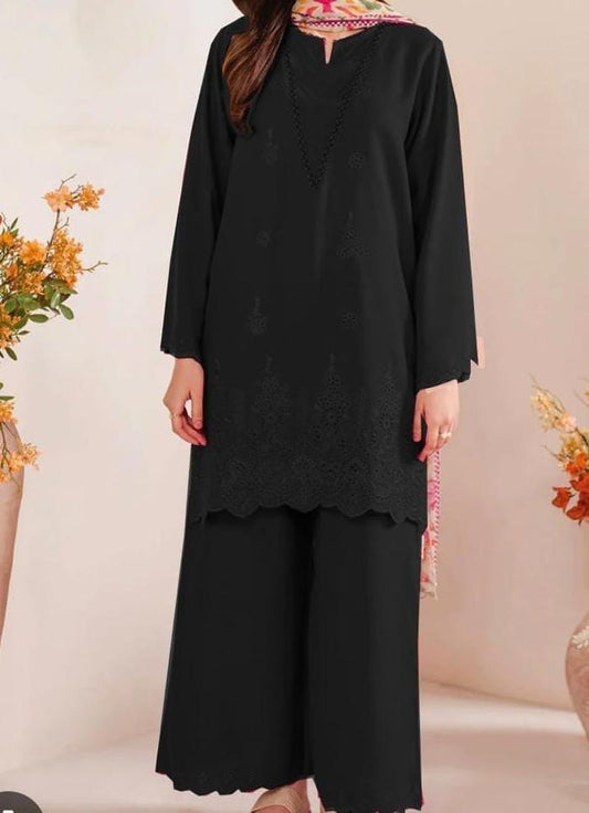 Embroidered 3PC CHIKANKARI Lawn Dress With Printed Munar Dupatta. |BLACK