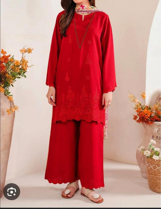 Embroidered 3PC CHIKANKARI Lawn Dress With Printed Munar Dupatta. |ORANGE