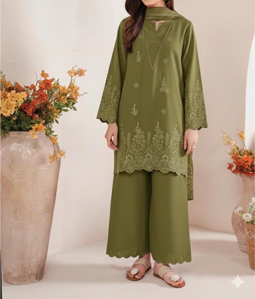 Embroidered 3PC CHIKANKARI Lawn Dress With Printed Munar Dupatta. |LIGHT OLIVE