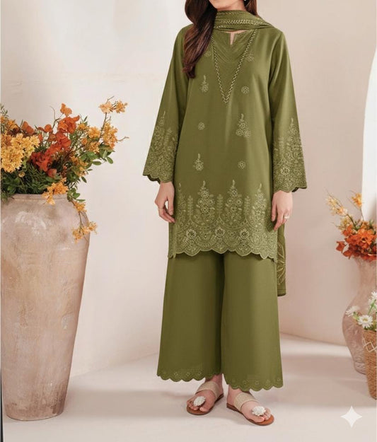 Embroidered 3PC CHIKANKARI Lawn Dress With Printed Munar Dupatta. |LIGHT OLIVE