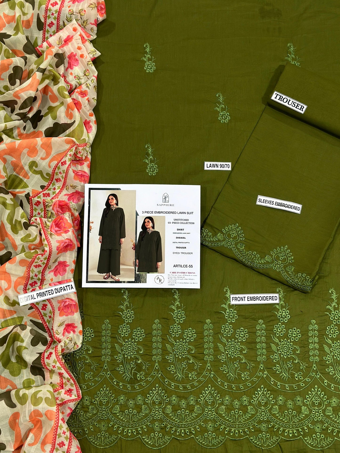 Embroidered 3PC CHIKANKARI Lawn Dress With Printed Munar Dupatta. |LIGHT OLIVE