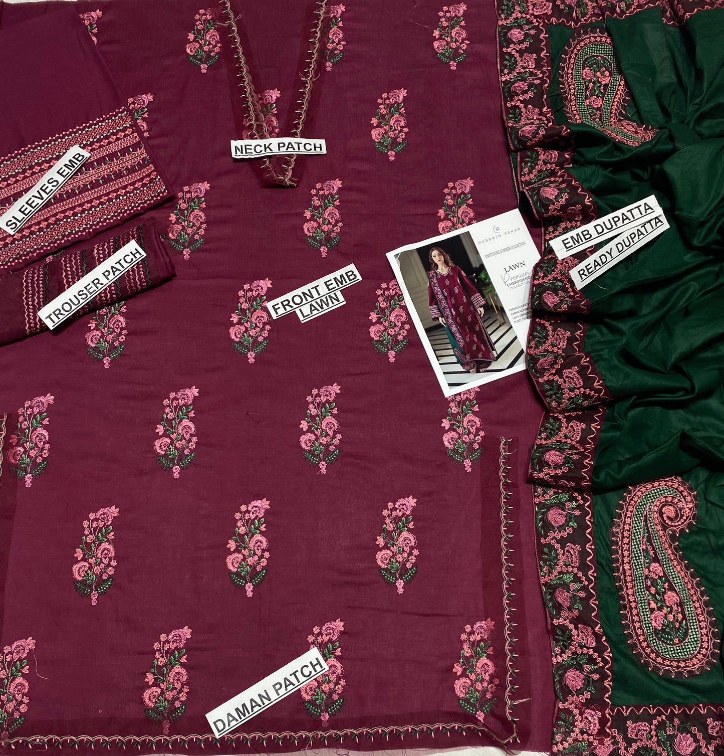 3 pc luxury lawn embroidery suit by HUSSAIN REHAR hit code.1544