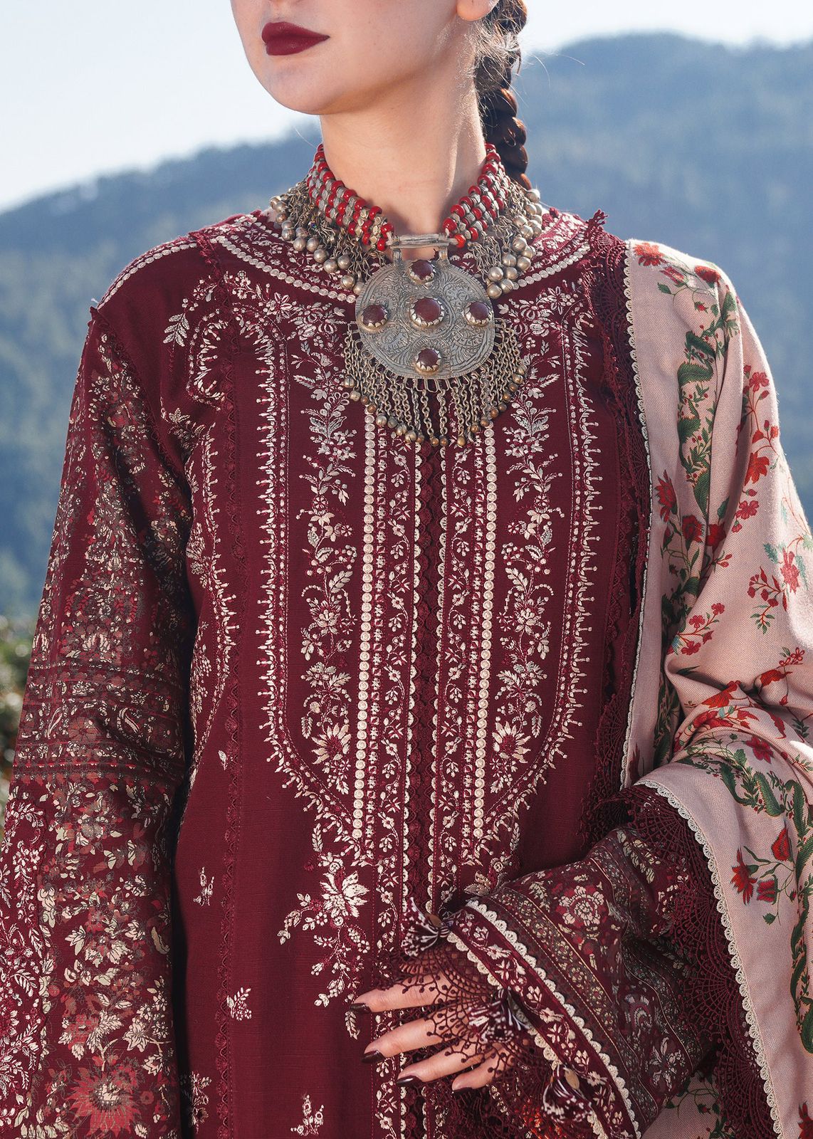 3 pc luxury lawn embroidery suit by Hussain Rehar code #005