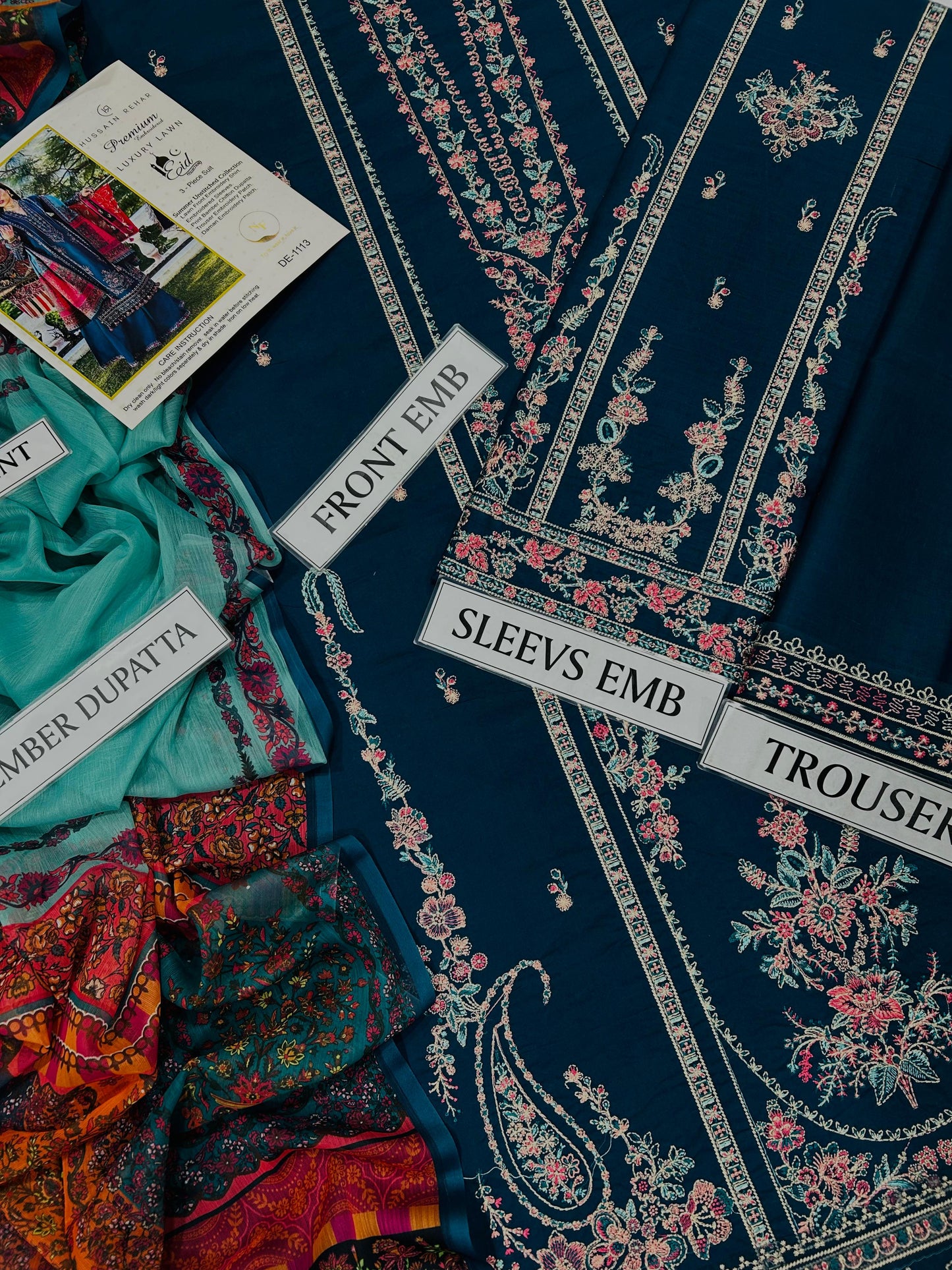 3 pc luxury lawn embroidery suit by Hussain Rehar code #001