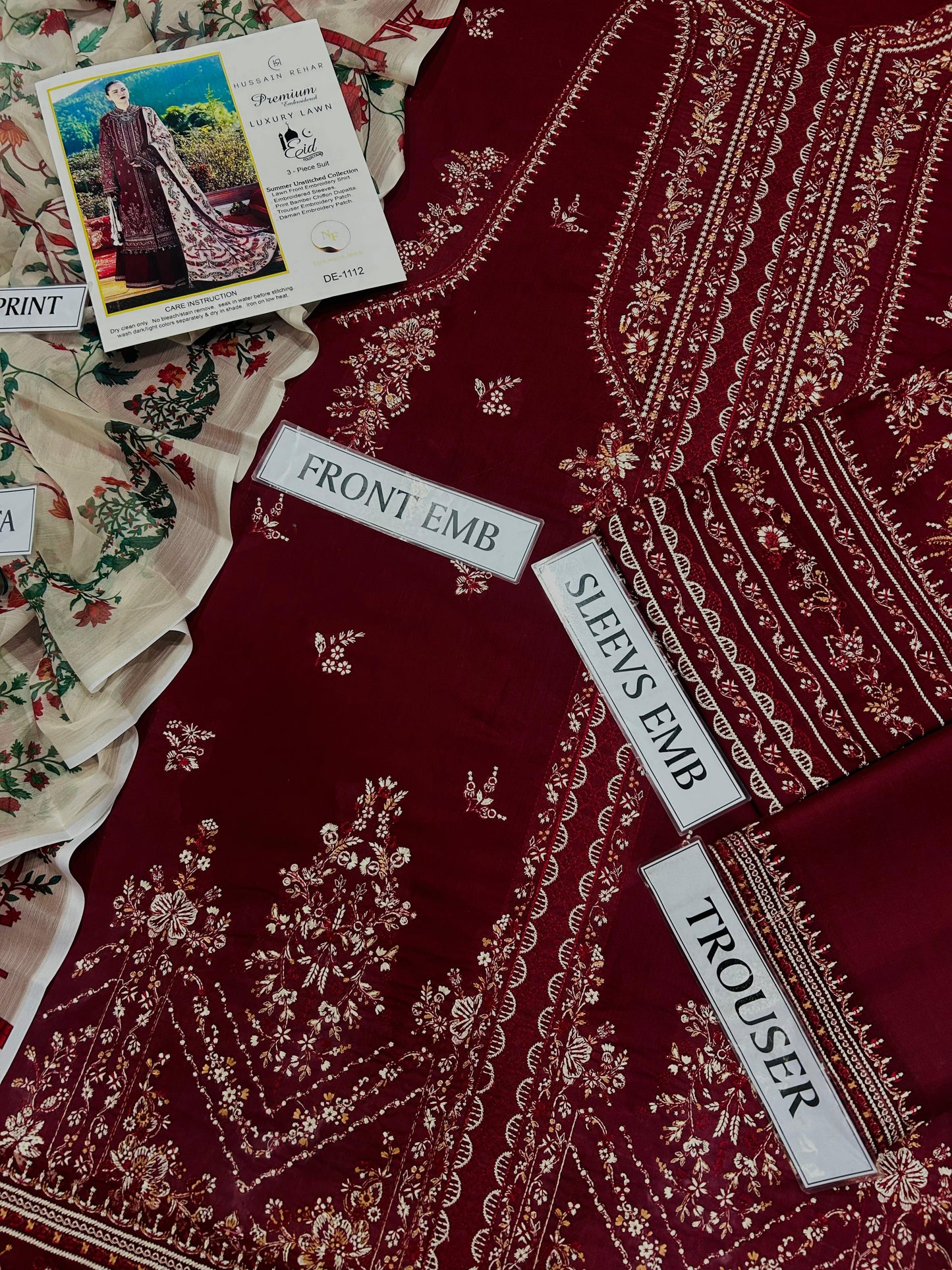 3 pc luxury lawn embroidery suit by Hussain Rehar code #005